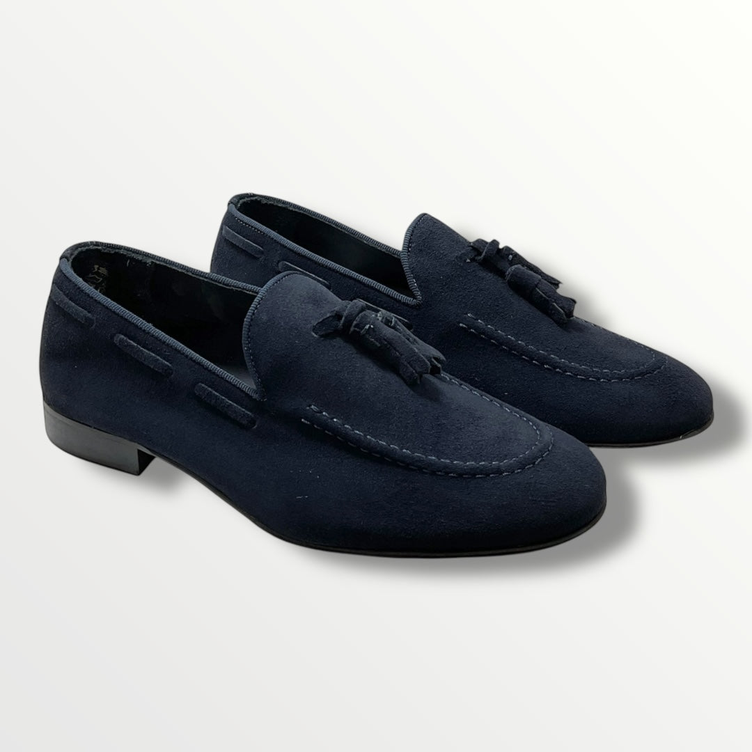 Mocassino modello Pantofolina in camoscio blu con nappine ELECU camoscio blu